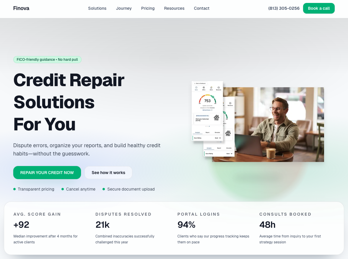 Finova Credit landing page hero with clear call-to-action