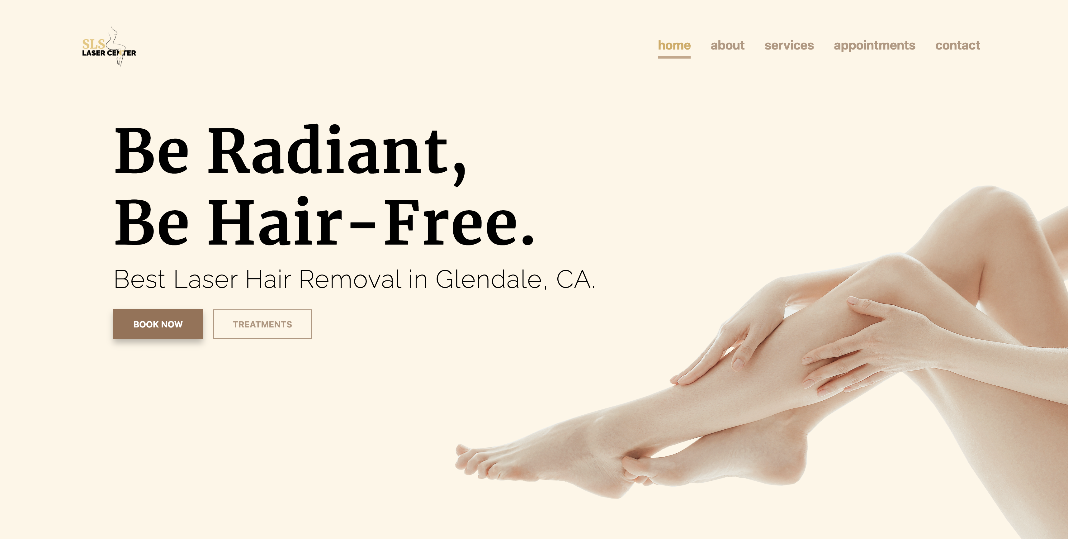 SLS Laser Center landing page hero with trust-building states